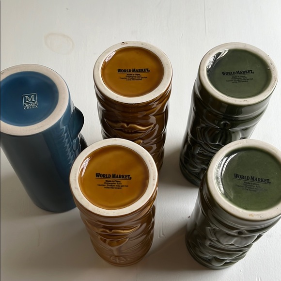 Tiki Mugs - set of 5 - Ceramic blue olive amber - Picture 5 of 6